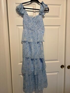ASTR Light Blue Floral Asymmetrical Tiered Ruffle Dress